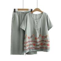 ราคา มีไซส์ใหญ่ Plus Size Women 2pcs Set Wear Short Sleeve Cotton Linen Embroidery Top Elastic Waist Cropped Pants Suit Casual Sets (2763998372)