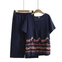 ราคา มีไซส์ใหญ่ Plus Size Women 2pcs Set Wear Short Sleeve Cotton Linen Embroidery Top Elastic Waist Cropped Pants Suit Casual Sets (2763998376)