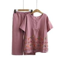 ราคา มีไซส์ใหญ่ Plus Size Women 2pcs Set Wear Short Sleeve Cotton Linen Embroidery Top Elastic Waist Cropped Pants Suit Casual Sets (2763998366)