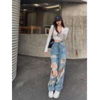 ราคา กางเกงยีนส์เอวสูงขายาวทรงบอยสียีนส์ฟอกทรงสวยมากแม่ด้านหน้าแต่งขาดแบบเท่มากๆ (17884988479)