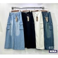 ราคา ℬ? ? ? ? ? ? ? ? ? ? ? ? กระโปรงยีนส์ยาวเอวสูง ทรงคาร์โก้ กระเป๋าแต่งข้าง Nina 6552 (20890857571)