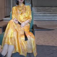 ราคา เดรสไหมเทียมอารมณ์ผ่าข้างแขน7 4คอตั้งทรงหลวมกระโปรงไหมแบบยาวไหมเทียมสไตล์จีน (20895650424)