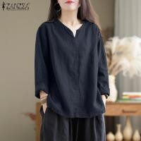 ราคา Stock Womens Vintage Cotton Long Sleeve V Neck Split Tops Bohemian Holiday Solid Blouse 8 Popular (20905331162)