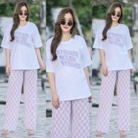 ราคา เซทเสื้อคอกลมแขนสั้น สกรีนอก เนื้อผ้าคอตตอน กับกางเกงขายาว ผ้าพลีท พิมพ์ลาย ชุดเซต ชุดเซ็ท (18334613373)