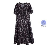 ราคา ชุดเดรสยาวสาวอวบ อก 38 49 นิ้ว เดรสคอวีลายดอก กระดุมหน้า แขนตุ๊กตา สีดำ ขาวครีม YPS 177 (19835522718)