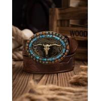ราคา เข็มขัดหนัง PU คาวบอยตะวันตกสายคาดเอวผู้ชายตกแต่งบูลลายดอกไม้สลักสำหรับกางเกงยีนส์ (21358377778)