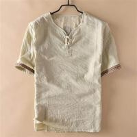 ราคา ขนาดบวกย้อนยุคผ้าลินินผู้ชายเสื้อยืดแขนสั้นผู้ชายสไตล์จีนหลวมสบายๆหัวเข็มขัดผ้าลินินผ้าฝ้ายผ้าลินินด้านบนบาง (14972359819)