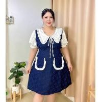 ราคา เดรสสาวอวบ ผ้ายีนส์ ปกแหลมแต่งกระเป๋า อก 42 48 หน้าผ้า 50 (21327049047)