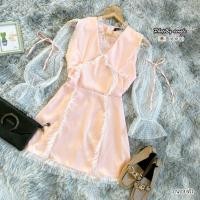 ราคา เดรสสั้น สีขาว แขนยาว ผ้ามุ้งซีทรู เสื้อผ้าแฟชั่น ทรงเรียบหรู 1839 12858 (16980317560)