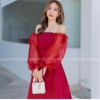 ราคา เดรสสั้นเกาะอก แต่งระบายผ้าแก้วแขนยาว (21282854040)