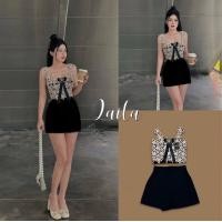 ราคา LAILA Brand LL003 ชุดเซต 2 ชิ้น เสื้อทรงสายเดี่ยวงานถักลูกไม้ แมทช์กับ กางเกงกระโปรงสีดำ (20782990737)