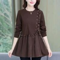 ราคา เสื้อยืดผู้หญิงแขนยาวมีกระดุมชุดปลายกระโปรงบานขนาดพิเศษสำหรับคอกลมเข้ารูปความยาวปานกลางเสื้อลำลอง (21367807959)