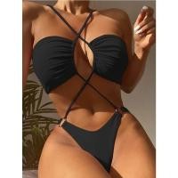 ราคา บิกินี่แบบสายไขว้คอวีลึกมีสายสีชมพู2022ของผู้หญิงชุดว่ายน้ำแบบวันพีซชุดว่ายน้ำโมโนกินี่ชุดว่ายน้ำสตรี (18432082553)