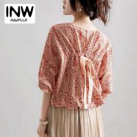 ราคา Stock Batwing Sleeves Back Bow Blouse Top Womens Summer 34 Sleeve Round Neck Loose Printed Shirt Female Popular (20898976606)
