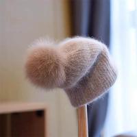ราคา หมวกบีนนี่เสื้อถักไหมพรมของผู้หญิงหมวกหมาป่าขนสัตว์ Pompom แคชเมียร์ผสม (21100939709)