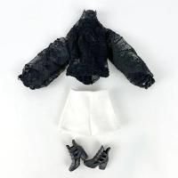 ราคา ชุดเสื้อผ้าแฟชั่นชุดตุ๊กตา Sepatu untuk Barbie กางเกงขาสั้นกระโปรงมีจีบเสื้อปลายแขนบานลูกไม้สีดำชุดตุ๊กตา1 6 (21328800202)