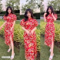 ราคา BS3983 เดรสกี่เพ้าลายพัดแขนพอง เนื้อผ้าซาติน มีซิป มีสายผูกเอว (21289569486)