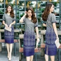 ราคา เดรสผ้าไทย ชุดลายไทย ผ้าฝ้ายหมักโคลนพิมพ์ลายเทาคราม ชุดทำงานผ้าไทย ชุดกระโปรงผ้าไทย (10552882220)