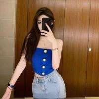 ราคา เสื้อเกาะอกสีน้ำเงิน ผ้าไหมพรม แต่งกระดุมหน้าสีทอง สินค้าพร้อมส่ง M5808 1 C (20487584967)