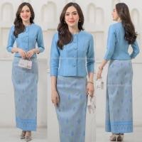 ราคา ชุดเซท เสื้อ ผ้าถุง ผ้าไหมทอลายสั่งทอลายมัดหมี่ ชุดไทยเรือนต้น สีฟ้า งานอัดกาวทั้งชุด (20713362493)