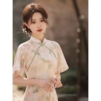 ราคา ชุดกี่เพ้าเข้ารูปสีชมพู2023ใหม่ชุดสไตล์จีนเดรสลายดอกไม้สำหรับหน้าร้อนวินเทจชุดแต่งงานผู้หญิง Qipao S To XXL (20533876587)