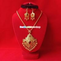 ราคา สร้อยคอพร้อมต่างหู เครื่องประดับชุดไทย งานลงยาประดับพลอยสีเขียวแดง ต่างหูแบบเจาะ รุ่น DF7791 (20888733798)