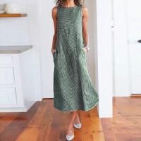 ราคา Summer Dress Women O Neck Sleeveless Pocket Loose Maxi Dresses Vintage Striped Cotton Linen Long Dress 2023 A Line Beach Dress (19674421472)