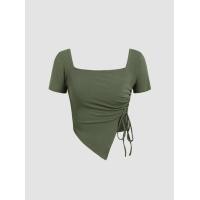 ราคา Cider KPOP Solid Asymmetrical Hem Drawstring Short Sleeve Tee เสื้อครอปแขนสั้นผู้หญิง เสื้อแฟชั่นผู้หญิง ลุคสตรีท (19387860825)