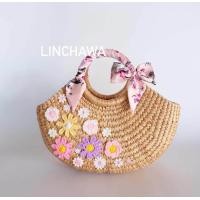 ราคา กระเป๋าสาน ปากสโลป ตกแต่งดอกไม้ถัก (20709296713)