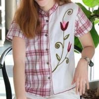 ราคา เสื้อคอจีนแขนสั้นทูโทนลายสก็อตปักดอกทิวลิป เสื้อผ้าฝ้าย เสื้อพื้นเมือง (16132876146)
