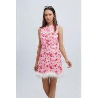 ราคา ESP เดรสลายฟอรัลแต่งขน ผู้หญิง สีชมพู Fur Trim Floral Print Dress 5892 (18994257816)