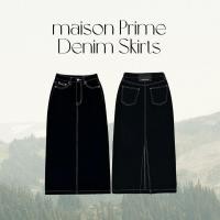 ราคา maison KEEPS Prime Denim Skirts กระโปรงยีนส์ เอวสูง ป้ายหนังแท้ (20713971646)