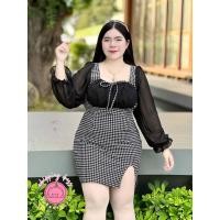 ราคา ฮ581 เดรสสั้นแขนยาวผ้าชีฟองเอี๊ยมลายชิโนริสีดำเซ็กซี่ผ่าข้างชุดทำงาน (20965116634)