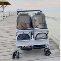 ราคา รถเข็นสุนัข 4 ล้อ รถเข็นแฝดสุนัข รถเข็นสุนัข2ทีนั่ง Tongba SP04 สีชมพูจุดขาว รับน้ำหนักได้ 35 40 kg Petstroller twin พับได้ มีระบบล็อคล้อ (9396239077)