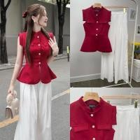 ราคา setกี่เพ้า คอจีน Set 2 ชิ้นเสื้อคอจีนแขนล้ำสีแดงแต่งกระดุมทองด้านหน้าใช้งานได้จริง (21305027749)