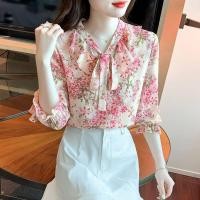 ราคา เสื้อผ้าชีฟองลายดอกไม้ของผู้หญิงเสื้อสตรีแขนสามส่วนผ้าชีฟองลายดอกไม้หรูหราหวานๆสีชมพูใหม่ปี2022 (14220874757)