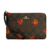 ราคา กระเป๋าคล้องมือ COACH แท้ ขนาดเล็ก Coated Canvas ลาย Coach Signature และดอกป๊อปปี้ มีสายคล้องมือหนังแท้ COACH C6417 Corner Zip Wristlet In Signature Coated Canvas With Pop Floral Print Brown (11537888
