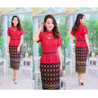 ราคา ชุดเดรสยาวผ้าไทยพิมพ์ทอง เสื้อลูกไม้ แต่งขอบเอว งานไม่อัดกาว S XL KS058 (20776102679)