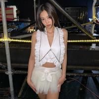 ราคา ไซมอนเสื้อกล้ามผู้หญิงเสื้อครอปแต่งระบาย90S เสื้อครอปคล้องคอคอวีเสื้อตัดแขนสั้นแนวสตรีทแวร์ (20146926377)