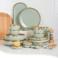 ราคา BAIFA ชุดจานชามเซรามิค ชุดจานชาม หรูหราเซรามิคสีเขียว APPLE ขอบทอง 9ชิ้น ชุด (12533339969)
