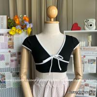 ราคา ครอปคอวี ครอปคอวีผ้าร่อง คอวีผูกโบว์ (20579027735)
