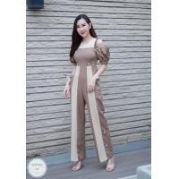 ราคา SG082 จั้มสูทขายาว ดีเทลเปิดไหล่แขนพองสม็อก อกแต่งผ้าสลับสีทูโทน (15228313172)