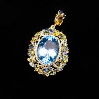 ราคา จี้พลอยบลูโทแพซ Blue Topaz ล้อมพลอยเพอริดอท Peridot พลอยบุษราคัม yellow sapphire และโทปาส Topaz ตัวเรือนเงินแท้92 5 ชุบทองคำ มีใบรับประกันสินค้า (21080897077)