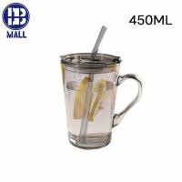 ราคา จัดส่งจากประเทศไทย แก้วกาแฟ ใส ไตล์เรียบง่ายมีหูจับพร้อมฝาปิดและหลอด450ml (21092680527)