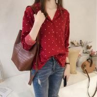 ราคา เสื้อแขนยาว แฟชั่นเกาหลี เสื้อเชิ้ต แขนยาว ลายจุด สีแดงและสีดำ เสื้อคอปก กระดุมหน้า เสื้อผู้หญิง 111 (16697680929)