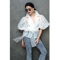ราคา ป้าย Mirrorsister 30924 2 เสื้อคอฮาวาย แขนบอลลูน ผ้าไหมแก้ว มาพร้อมสายผูกโบว์ที่เอว (16060452903)