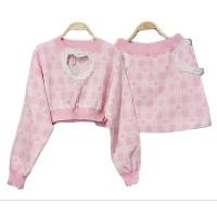 ราคา ชุดเซทไหมพรมทอลายหัวใจ เสื้อ กระโปรง สีชมพู งานป้าย (20926548914)