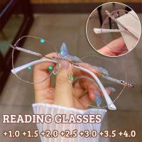 ราคา แว่นตาอ่านหนังสือป้องกันแสงสีฟ้าไร้กรอบสำหรับแว่นตากระจกใสผู้หญิงที่มีองศาที่มองการณ์ไกลตกแต่งด้วยผงทองแชมเปญกรอบขาเป็นประกาย (17936191215)