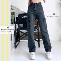 ราคา พร้อมส่ง BabarryJeans กางเกงคาร์โก้ รุ่นคลาสสิค Original กางเกงทรงกระบอก Cargo เอวสูง สีดำฟอก (19752193620)