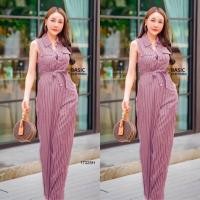 ราคา TW17325 Jumpsuit จั้มสูทแขนกุด ขายาวลายริ้ว สายผูกเอว (19113163878)